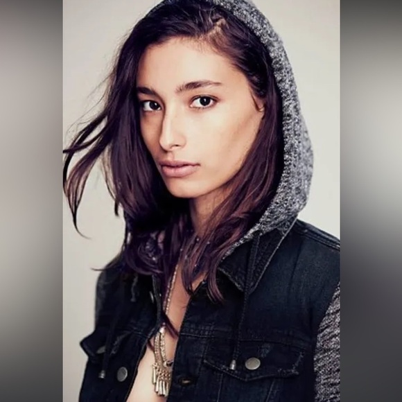 Free People Knit Hooded Denim Jacket Pumice Black Size L Distressed Women’s - Picture 2 of 14